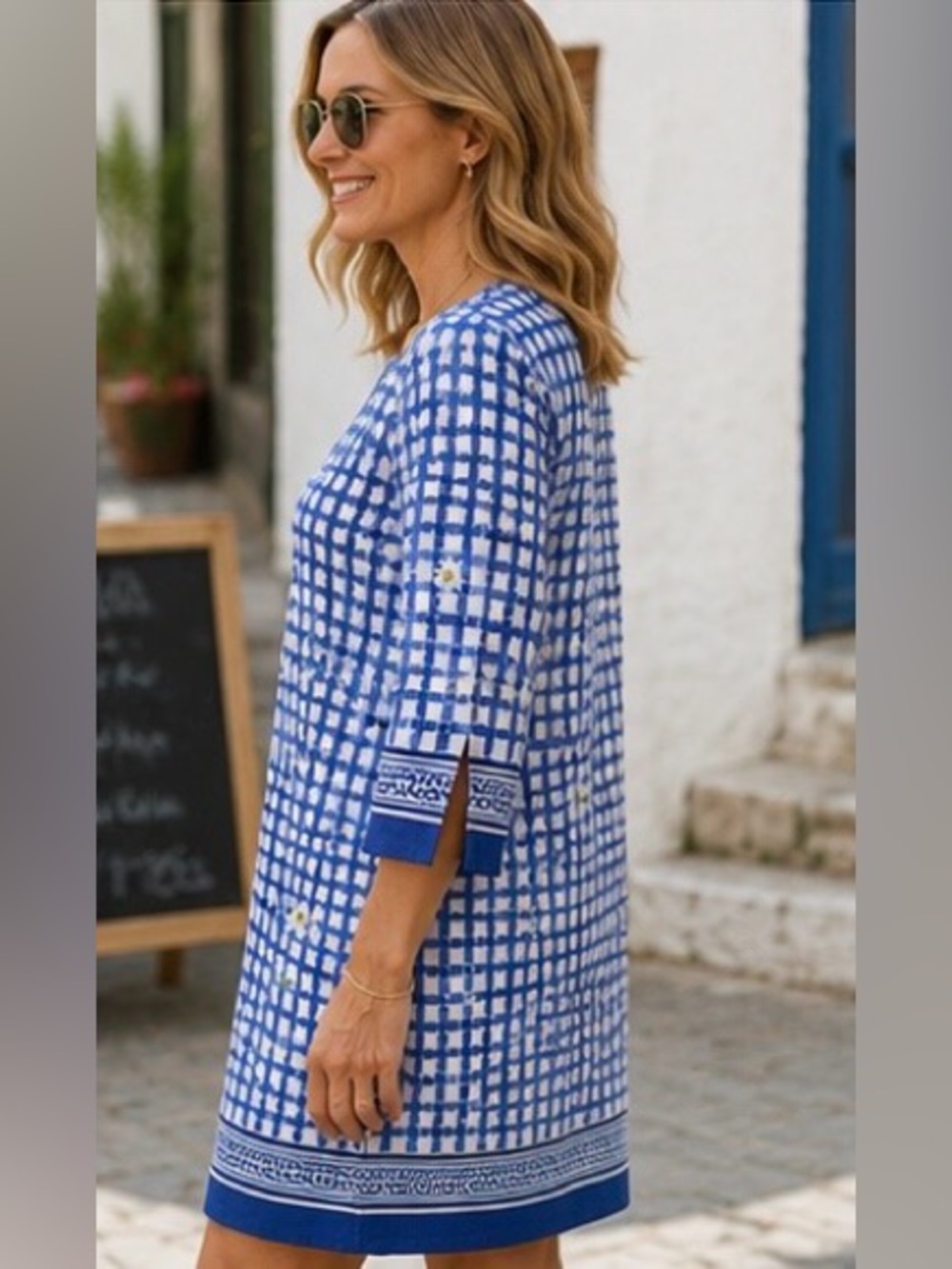 Barbara Erickson Blue Gingham Daisy Print Knit Dress Size Medium Coastal Chic - Picture 3 of 13